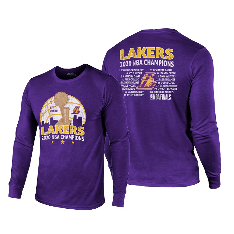 Men's Los Angeles Lakers NBA Long Sleeve 2020 Trophy Logo Finals Champions Purple Basketball T-Shirt AKL5283ZT
